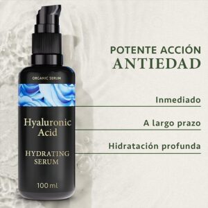 Serum Facial Acido Hialuronico Orgánico 100ml - Hidratante, Antiarrugas, Antimanchas Vegano - Piel, Cara y Contorno de Ojos - Crema Hidratante Facial Mujer - Serum Acido Hialuronico - Satin Naturel